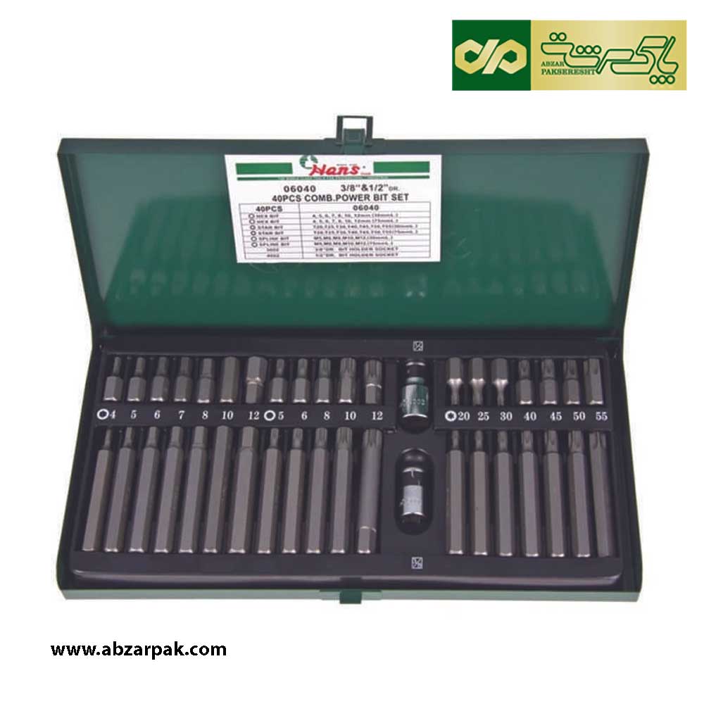 مجموعه 40 عددی جعبه بیت آلن ستاره T ، شش گوش H و هزارخار M ام درایو 3.8 و 1.2 اینچ هنس تایوان HANS مدل 06040 مجموعه 40 عددی جعبه بیت آلن ستاره T ، شش گوش H و هزارخار M ام درایو 3.8 و 1.2 اینچ هنس تایوان HANS مدل 06040